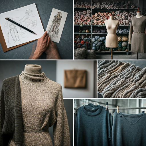Close up of luxury cream colored knitted sweater texture showing intricate stitches and high quality yarn.
