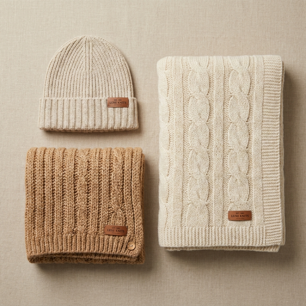Professional flat-lay photography of a premium knitted accessory set.