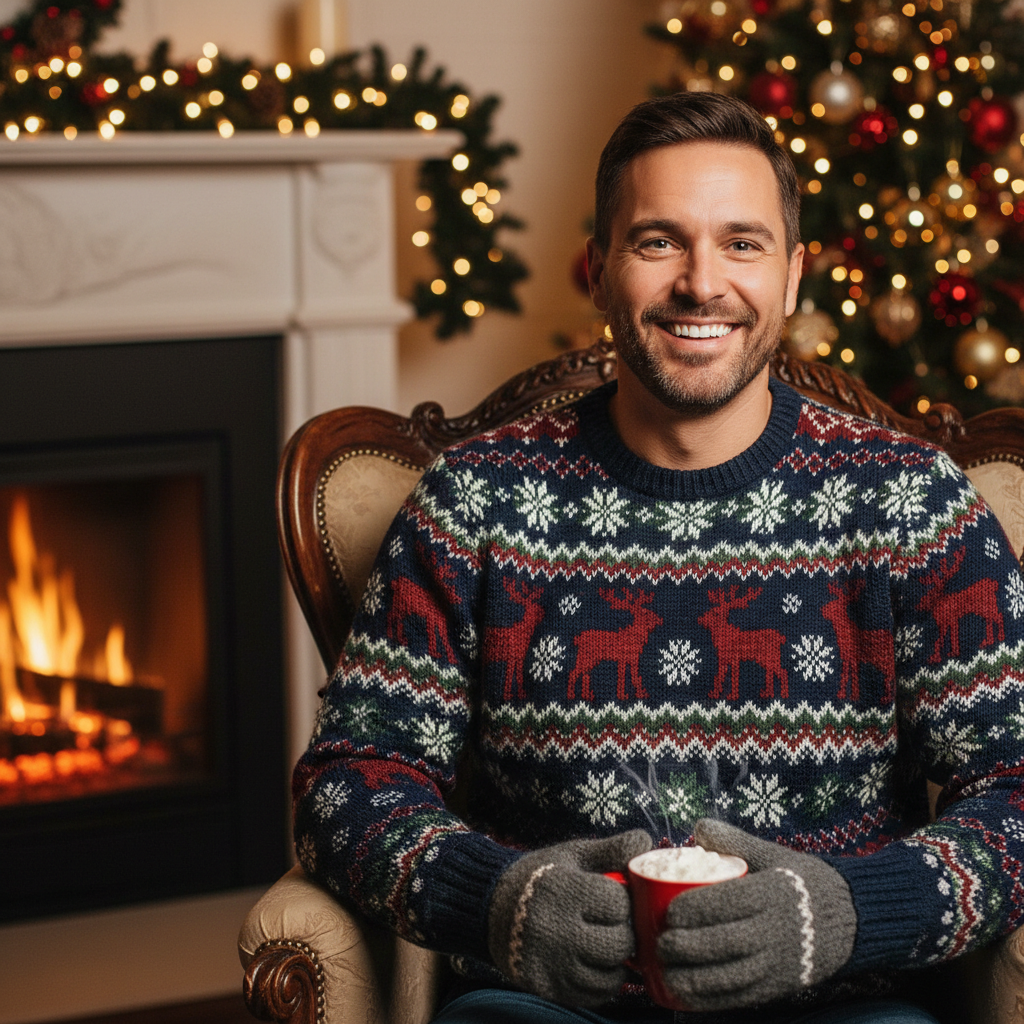 An American man wearing a Christmas sweater with clear holiday elements like reindeer or snowflakes.