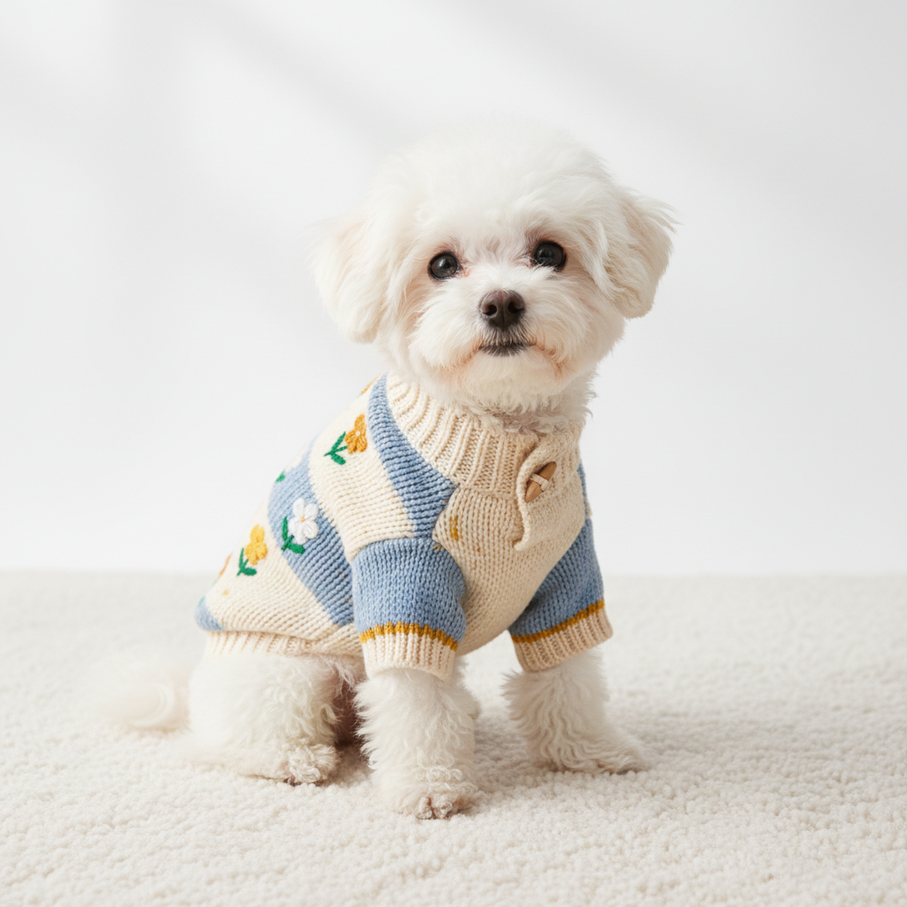 A cute small dog wearing a well-fitted pet sweater.
