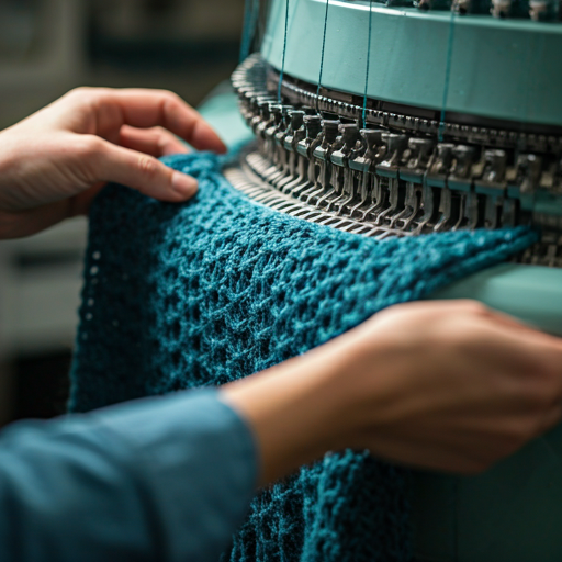 Knitting machine in action with freshly knitted sample
