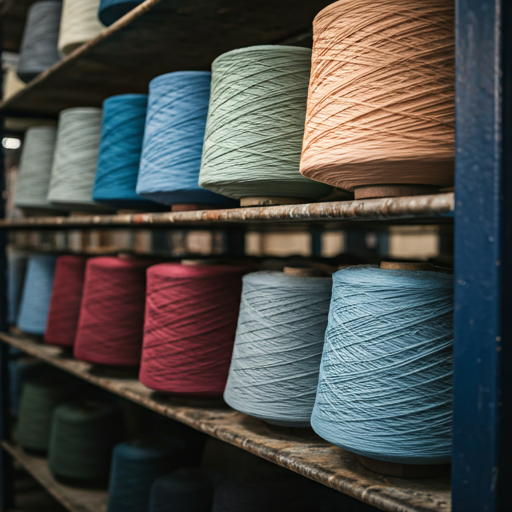 Colorful yarn cones arranged on factory shelving