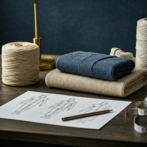 Factory desk with yarn swatches, design sketches, and a measuring tape